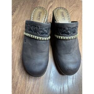 Born Mules Isabel Clogs Women Sz 9MW Brown Handtooled Leather Chunky Upper